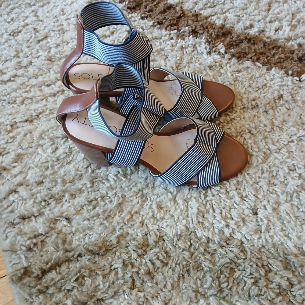 Sole Society Joaey Blue Striped Block Heel Sandals Women's Size 6B